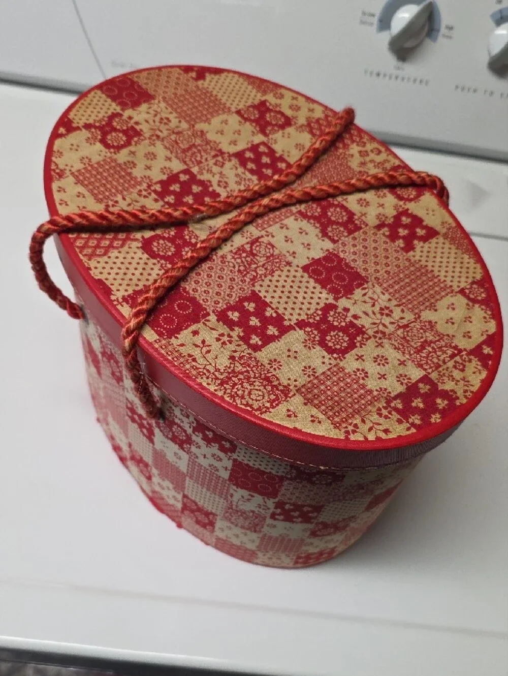 VINTAGE 50'S Large Sewing Container, Box, Storage Red Patchwork with Rope Handle